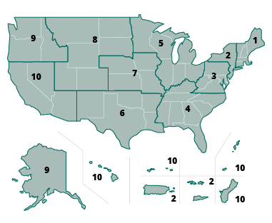 US map region labeled in 1 ~ 10 regions