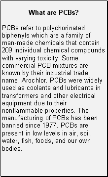 What are PCBs?: PCBs refer to polychorinated biphenyls which are a family of man-made chemicals that contain 209 individual chemical compounds with varying toxicity. Some commercial PCB mixtures are known by their industrial trade name, Arochlor. PCBs were widely used as coolants and lubricants in transformers and other electrical equipment due to their nonflammable properties. The manufacturing of PCBs has been banned since 1977. PCBs are present in low levels in air, soil, water, fish, foods, and our own bodies.