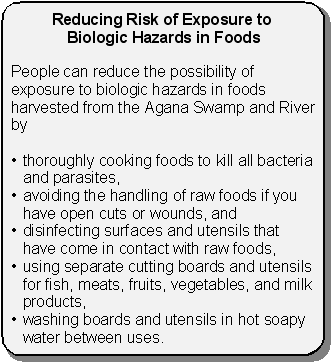 Reducing Risk of Exposure to Biologic Hazards in Foods -- People can reduce the possibility of exposure to biologic hazards in foods harvested from the Agana Swamp and River by: thoroughly cooking foods to kill all bacteria and parasites, avoiding the handling of raw foods if you have open cuts or wounds, and disinfecting surfaces and utensils that have come in contact with raw foods, using separate cutting boards and utensils for fish, meats, fruits, vegetables, and milk products, and washing boards and utensils in hot soapy water between uses.