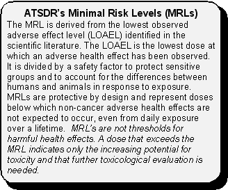 ATSDR's Minimal Risk Levels (MRLs)The MRL is derived from the lowest observed adverse effect level (LOAEL) identified in the scientific literature. The LOAEL is the lowest dose at which an adverse health effect has been observed. It is divided by a safety factor to protect sensitive groups and to account for the differences between humans and animals in response to exposure.  MRLs are protective by design and represent doses below which non-cancer adverse health effects are not expected to occur, even from daily exposure over a lifetime.  MRL's are not thresholds for harmful health effects. A dose that exceeds the MRL indicates only the increasing potential for toxicity and that further toxicological evaluation is needed.