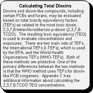 Calculating Total Dioxins -- Dioxins and dioxin-like compounds, including certain PCBs and furans, may be evaluated based on total toxicity equivalency factors (TEFs) as related to the most toxic dioxin, 2,3,7,8-tetrachlorodibenzo-p-dioxin (2,3,7,8-TCDD).  The resulting toxic equivalency (TEQ) is used to evaluate concentrations and exposures.  There are two main sets of TEFs, the International TEFs (I-TEFs), which is used by the EPA, and the World Health Organizations TEFs (WHO-TEFs).  Both of these methods are protective. One of the primary differences between the two methods is that the WHO method uses TEFs for dioxin-like PCB congeners.  Appendix C has additional information about calculating the 2,3,7,8-TCDD TEQ concentrations.