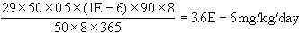 29 times 50 times 0.5 times (1E minus 6) times 90 times 8 divided by 50 times 8 times 365 equals 3.6E minus 6 mg/kg/day