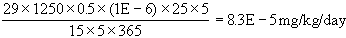 29 times 1250 times 0.5 times (1E minus 6) times 25 times 5 divided by 15 times 5 times 365 equals 8.3E minus 5 mg/kg/day