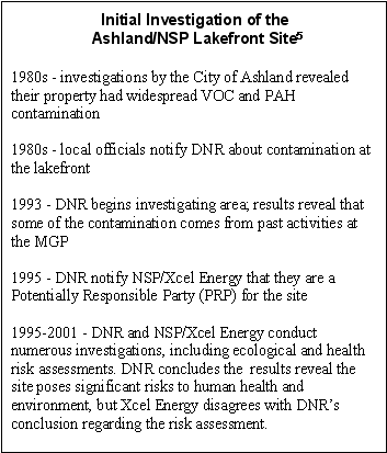 Initial Investigation of the Ashland/NSP Lakefront Site: 1980s - investigations by the City of Ashland revealed their property had widespread VOC and PAH contamination, 1980s - local officials notify DNR about contamination at the lakefront, 1993 - DNR begins investigating area; results reveal that some of the contamination comes from past activities at the MGP, 1995 - DNR notify NSP/Xcel Energy that they are a Potentially Responsible Party (PRP) for the site, 1995-2001 - DNR and NSP/Xcel Energy conduct numerous investigations, including ecological and health risk assessments. DNR concludes the results reveal the site poses significant risks to human health and environment, but Xcel Energy disagrees with DNR's conclusion regarding the risk assessment.