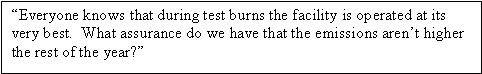 Everyone knows that during test burns the facility is operated at its very best. What assurance do we have that the emissions aren't higher the rest of the year?