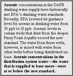 Arsenic concentrations in the DAFB drinking water supply have historically met EPA's drinking water standards. Recently, EPA lowered its guidance level for arsenic in drinking water from 50 ppb to 10 ppb. Arsenic levels in certain wells that draw from the deeper Piney Point Aquifer exceed the new standard. The water from these wells, however, is mixed with water from other wells before being distributed on-base. Arsenic concentrations in the distribution system water-the water that is supplied to base users-were at or below the new standard.