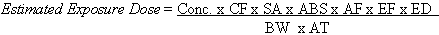 Estimated exposure dose equals Conc. times CF times SA times ABS times AF times EF times ED divided by BW times AT