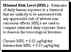 Minimal Risk Level (MRL) - Estimates of daily human exposure to a chemical that are unlikely to be associated with any appreciable risk of adverse non-cancerous effects. MRLs are used to compare estimated daily exposure doses to doses in the toxicological literature.   Chronic MRL = 0.02 µg/kg/day, Intermediate MRL = 0.03 µg/kg/day