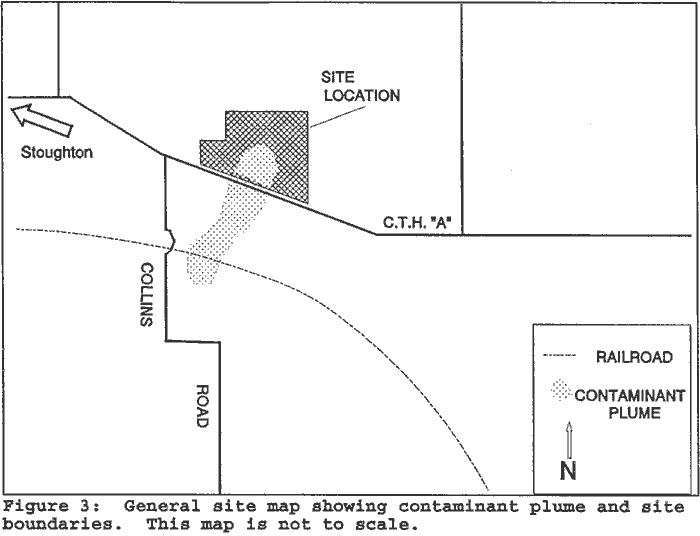 General site map showing contaminant plume and site boundaries. This map is not to scale.