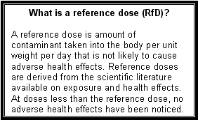 What is a reference dose (RfD)?: A reference dose is amount of contaminant taken into the body per unit weight per day that is not likely to cause adverse health effects. Reference doses are derived from the scientific literature available on exposure and health effects. At doses less than the reference dose, no adverse health effects have been noticed.