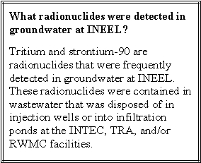 What radionuclides were detected ingroundwater at INEEL?Tritium and strontium-90 areradionuclides that were frequentlydetected in groundwater at INEEL.These radionuclides were contained inwastewater that was disposed of ininjection wells or into infiltrationponds at the INTEC, TRA, and/orRWMC facilities.