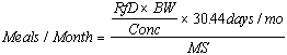 Meals/Month equals (RfD times BW divided by Conc.) times 30.44 days/mo divided by MS