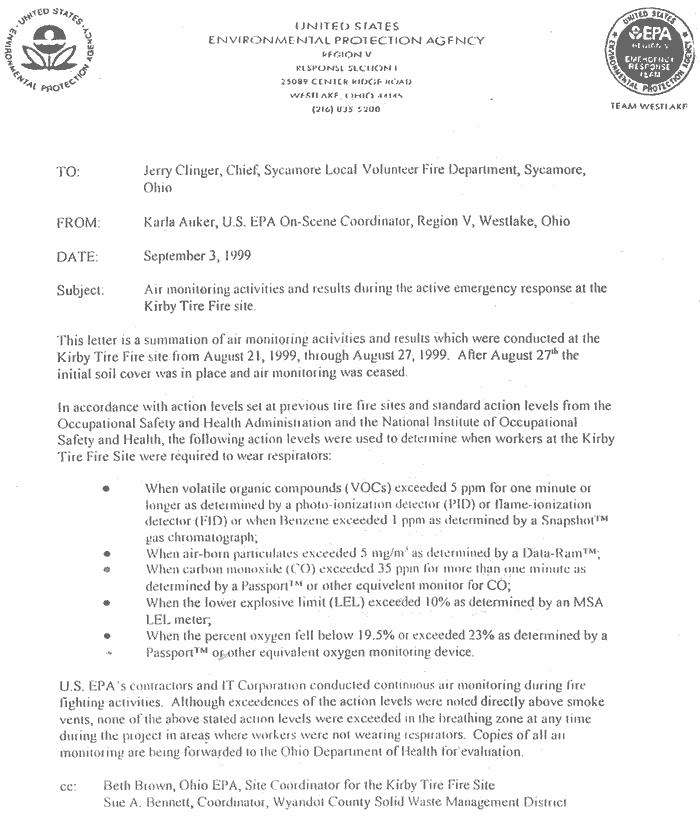 Memo from USEPA on-scene coordinator to the chief of the Sycamore Local Fire Department