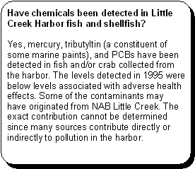 Have chemicals been detected in Little Creek Harbor fish and shellfish? -- Yes, mercury, tributyltin (a constituent of some marine paints), and PCBs have been detected in fish and/or crab collected from the harbor. The levels detected in 1995 were below levels associated with adverse health effects. Some of the contaminants may have originated from NAB Little Creek. The exact contribution cannot be determined since many sources contribute directly or indirectly to pollution in the harbor.