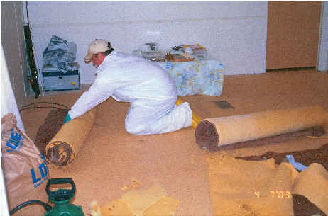 EPA contactor removing mercury-contaminated carpeting from the Mohican Maze for off-site disposal.