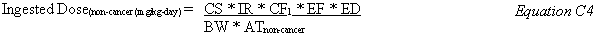 Ingested Dose sub non-cancer (mg/kg-day) equals CS times IR times CF sub 1 times EF times ED divided by BW times AT sub non-cancer