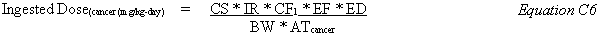 Ingested Dose sub cancer (mg/kg-day) equals CS times IR times CF sub 1 times EF times ED divided by BW times AT sub cancer