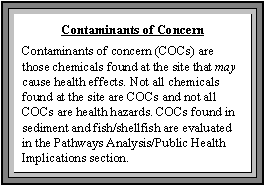 Contaminants of Concern: Contaminants of concern (COCs) are those chemicals found at the site that may cause health effects. Not all chemicals found at the site are COCs and not all COCs are health hazards. COCs found in sediment and fish/shellfish are evaluated in the Pathways Analysis/Public Health Implications section.