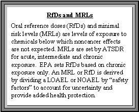 RfDs and MRLsOral reference doses (RfDs) and minimal risk levels (MRLs) are levels of exposure to chemicals below which noncancer effects are not expected. MRLs are set by ATSDR for acute, intermediate and chronic exposure.  EPA sets RfDs based on chronic exposure only. An MRL or RfD is derived by dividing a LOAEL or NOAEL by 