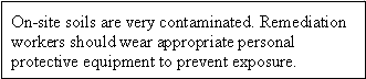 On-site soils are very contaminated. Remediation workers should wear appropriate personal protective equipment to prevent exposure.