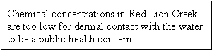 Chemical concentrations in Red Lion Creek are too low for dermal contact with the water to be a public health concern.