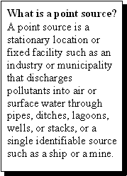 What is a point source? -- A point source is a stationary location or fixed facility such as an industry or municipality that discharges pollutants into air or surface water through pipes, ditches, lagoons, wells, or stacks, or a single identifiable source such as a ship or a mine.