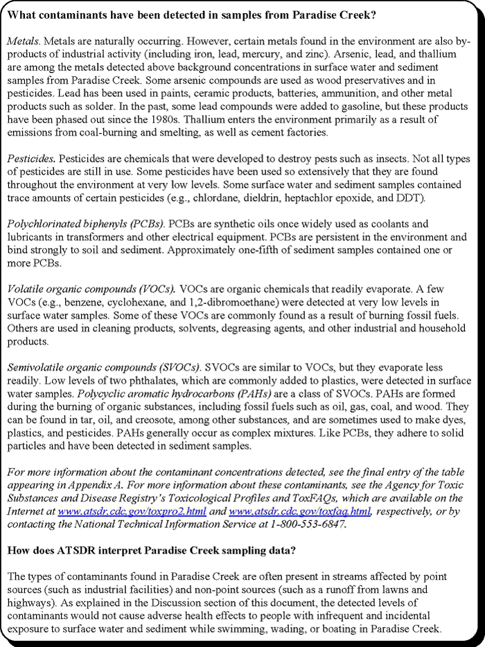What contaminants have been detected in samples from Paradise Creek? -- Metals. Metals are naturally occurring. However, certain metals found in the environment are also by-products of industrial activity (including iron, lead, mercury, and zinc). Arsenic, lead, and thallium are among the metals detected above background concentrations in surface water and sediment samples from Paradise Creek. Some arsenic compounds are used as wood preservatives and in pesticides. Lead has been used in paints, ceramic products, batteries, ammunition, and other metal products such as solder. In the past, some lead compounds were added to gasoline, but these products have been phased out since the 1980s. Thallium enters the environment primarily as a result of emissions from coal-burning and smelting, as well as cement factories. -- Pesticides. Pesticides are chemicals that were developed to destroy pests such as insects. Not all types of pesticides are still in use. Some pesticides have been used so extensively that they are found throughout the environment at very low levels. Some surface water and sediment samples contained trace amounts of certain pesticides (e.g., chlordane, dieldrin, heptachlor epoxide, and DDT). -- Polychlorinated biphenyls (PCBs). PCBs are synthetic oils once widely used as coolants and lubricants in transformers and other electrical equipment. PCBs are persistent in the environment and bind strongly to soil and sediment. Approximately one-fifth of sediment samples contained one or more PCBs. -- Volatile organic compounds (VOCs). VOCs are organic chemicals that readily evaporate. A few VOCs (e.g., benzene, cyclohexane, and 1,2-dibromoethane) were detected at very low levels in surface water samples. Some of these VOCs are commonly found as a result of burning fossil fuels. Others are used in cleaning products, solvents, degreasing agents, and other industrial and household products. -- Semivolatile organic compounds (SVOCs). SVOCs are similar to VOCs, but they evaporate less readily. Low levels of two phthalates, which are commonly added to plastics, were detected in surface water samples. Polycyclic aromatic hydrocarbons (PAHs) are a class of SVOCs. PAHs are formed during the burning of organic substances, including fossil fuels such as oil, gas, coal, and wood. They can be found in tar, oil, and creosote, among other substances, and are sometimes used to make dyes, plastics, and pesticides. PAHs generally occur as complex mixtures. Like PCBs, they adhere to solid particles and have been detected in sediment samples. -- For more information about the contaminant concentrations detected, see the final entry of the table appearing in Appendix A. For more information about these contaminants, see the Agency for Toxic Substances and Disease Registry's Toxicological Profiles and ToxFAQs, which are available on the Internet at www.atsdr.cdc.gov/toxpro2.html and www.atsdr.cdc.gov/toxfaq.html, respectively, or by contacting the National Technical Information Service at 1-800-553-6847. -- How does ATSDR interpret Paradise Creek sampling data? -- The types of contaminants found in Paradise Creek are often present in streams affected by point sources (such as industrial facilities) and non-point sources (such as a runoff from lawns and highways). As explained in the Discussion section of this document, the detected levels of contaminants would not cause adverse health effects to people with infrequent and incidental exposure to surface water and sediment while swimming, wading, or boating in Paradise Creek.