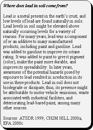 Where does lead in soil come from?: Lead is a metal present in the earth's crust, and low levels of lead are found naturally in soils. Lead levels in soil might be elevated above naturally occurring levels for a variety of reasons. For many years, lead was a component of or an additive to many manufactured products, including paint and gasoline. Lead was added to gasoline to improve its octane rating. It was added to paint to give it pigment (color), make the paint more durable, and improve its spreadability. In later years, awareness of the potential hazards posed by exposure to lead resulted in a reduction in its use in these products. Lead in soil does not biodegrade or dissipate; thus, its presence might be attributable to motor vehicle emissions, waste associated with industrial facilities, and deteriorating lead-based paint, among many other sources. Sources: ATSDR 1999; CH2M HILL 2000a; EPA 2000c