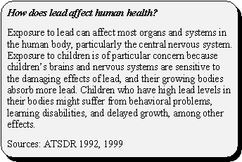 How does lead affect human health?: Exposure to lead can affect most organs and systems in the human body, particularly the central nervous system. Exposure to children is of particular concern because children's brains and nervous systems are sensitive to the damaging effects of lead, and their growing bodies absorb more lead. Children who have high lead levels in their bodies might suffer from behavioral problems, learning disabilities, and delayed growth, among other effects. Sources: ATSDR 1992, 1999