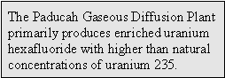 The Paducah Gaseous Diffusion Plant primarily produces enriched uranium hexafluoride with higher than natural concentrations of uranium 235.