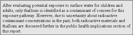 After evaluating potential exposure to surface water for children and adults, only thallium is identified as a contaminant of concern for this exposure pathway. However, due to uncertainty about radioactive contaminant concentrations in the past, both radioactive materials and thallium are discussed further in the public health implications section of this report.