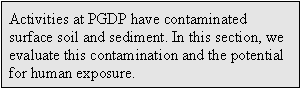 Activities at PGDP have contaminated surface soil and sediment. In this section, we evaluate this contamination and the potential for human exposure.