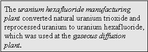 The uranium hexafluoride manufacturing plant converted natural uranium trioxide and reprocessed uranium to uranium hexafluoride, which was used at the gaseous diffusion plant.