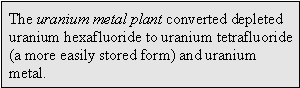 The uranium metal plant converted depleted uranium hexafluoride to uranium tetrafluoride (a more easily stored form) and uranium metal.