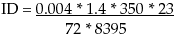 ID equals 0.004 times 1.4 times 350 times 23 divided by 72 times 8395