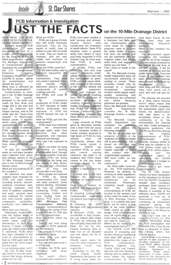 Inside St. Clair Shores 'PCB Information and Investigation: Just the Facts on the 10-Mile Drainage District' May/June 2002