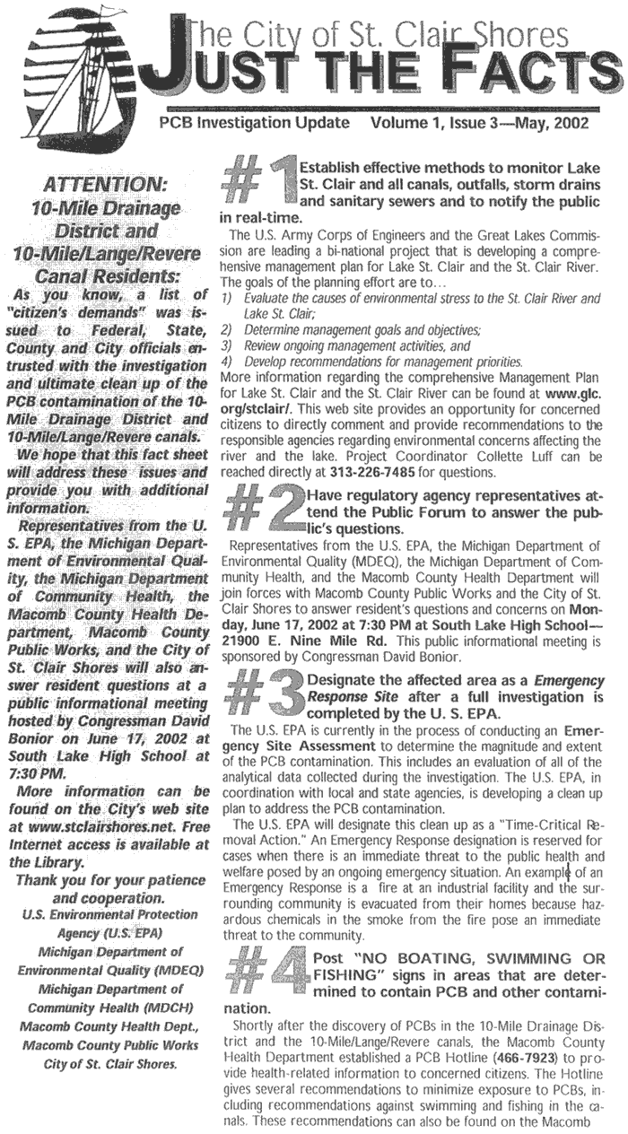 The City of St. Clair Shores 'Just the Facts PCB Investigation Update' Volume 1, Issue 3-May, 2002 (page 1)