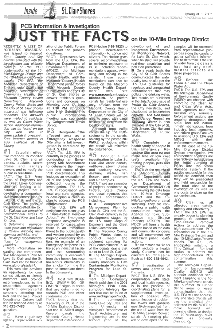Inside St. Clair Shores 'PCB Information and Investigation: Just the Facts on the 10-Mile Drainage District' July/Augsut 2002