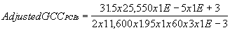 Adjusted GCC sub PCBs equals 31.5 times 25,550 times 1E minus 5 times 1E plus 3 divided by 2 times 11,600 times 1.95 times 1 times 60 times 3 times 1E minus 3