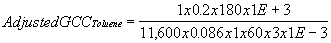 Adjusted GCC sub Toluene equals 1 times 0.2 times 180 times 1E plus 3 divided by 11,600 times 0.086 times 1 times 60 times 3 times 1E minus 3