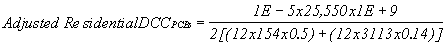Adjusted ResidentialDCC sub PCBs equals 1E minus 5 times 25,550 times 1E plus 9 divided by 2 [(12 times 154 times 0.5) plus (12 times 3113 times 0.14)]