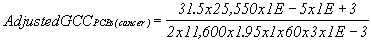 Adjusted GCC sub PCBs (cancer) equals 31.5 times 25,550 times 1E minus 5 times 1Eplus 3 divided by 2 times 11,600 times 1.95 times 1 times 60 times 3 times 1E minus 3