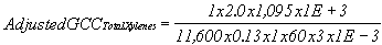 Adjusted GCC sub Total Xylenes equals 1 times 2.0 times 1,095 times 1E plus 3 divided by 11,600 times 0.13 times 1 times 60 times 3 times 1E minus 3
