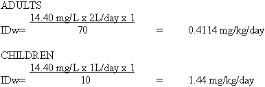 Adults: IDw = 14.40 mg/L times 2L/day times 1 divided by 70 = 0.4114 mg/kg/day. Children: IDw = 14.40 mg/L times 1L/day times 1 divided by 10 = 1.44 mg/kg/day