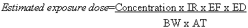Equation description: Estimated exposure dose equals(=)Concentration multiplied by IR multiplied by EF multiplied by ED divided by BW multiplied by AT