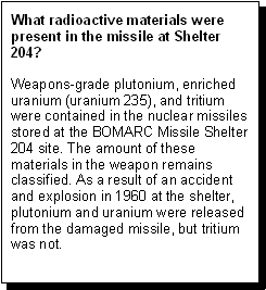 What radioactive materials were present in the missile at Shelter 204? -- Weapons-grade plutonium, enriched uranium (uranium 235), and tritium were contained in the nuclear missiles stored at the BOMARC Missile Shelter 204 site. The amount of these materials in the weapon remains classified. As a result of an accident and explosion in 1960 at the shelter, plutonium and uranium were released from the damaged missile, but tritium was not.
