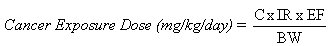 Cancer Exposure Dose (mg/kg/day) equals C times IR times EF divided by BW