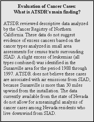 Evaluation of Cancer Cases: What is ATSDR's main finding?: ATSDR reviewed descriptive data analyzed by the Cancer Registry of Northern California. These data do not suggest evidence of excess cancers based on the cancer types analyzed in small area assessments for census tracts surrounding SIAD. A slight excess of leukemias (all types combined) was identified in the Susanville area for the period 1988 through 1997. ATSDR does not believe these cases are associated with air emissions from SIAD, because Susanville is more than 30 miles upwind from the installation. The data currently available from the state of Nevada do not allow for a meaningful analysis of cancer cases among Nevada residents who live downwind from SIAD.