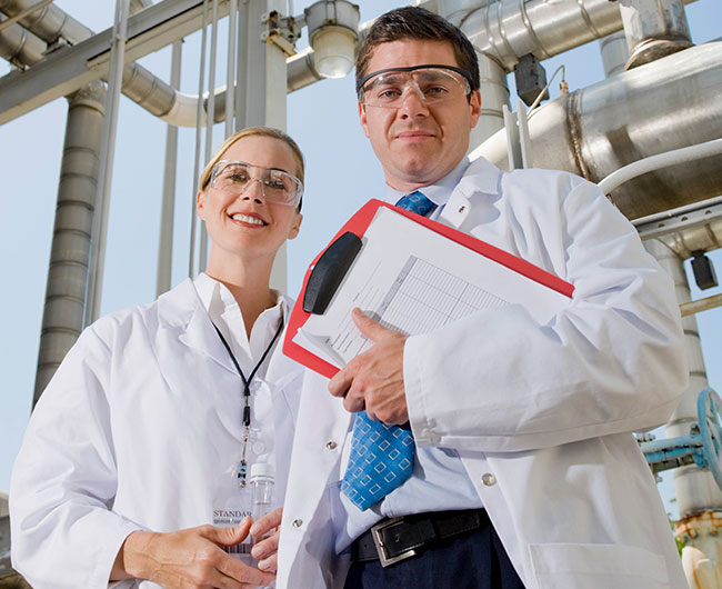 Two professionals in a factory setting