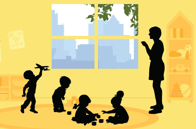 Illustration of a woman and small children inside of a daycare.